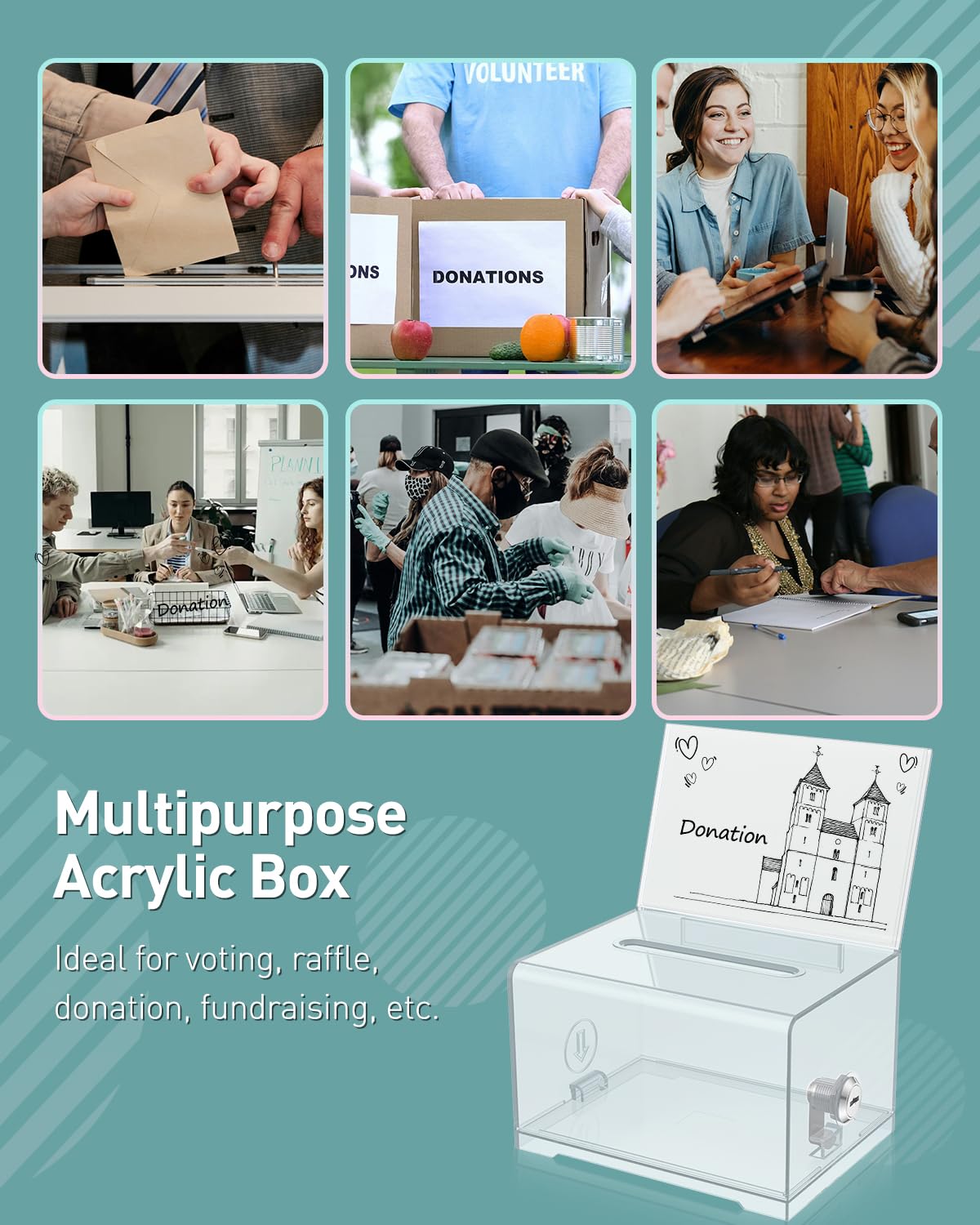 Uniclife 2 Pack Acrylic Donation Box with Lock and Sign Holder 6.2" x 4.7" x 4" Ballot Boxes with Slot Clear Plastic Suggestion Box Storage Container for Fundraising Voting Charity Tip Collection
