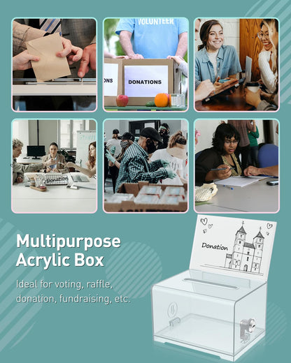 Uniclife 2 Pack Acrylic Donation Box with Lock and Sign Holder 6.2" x 4.7" x 4" Ballot Boxes with Slot Clear Plastic Suggestion Box Storage Container for Fundraising Voting Charity Tip Collection