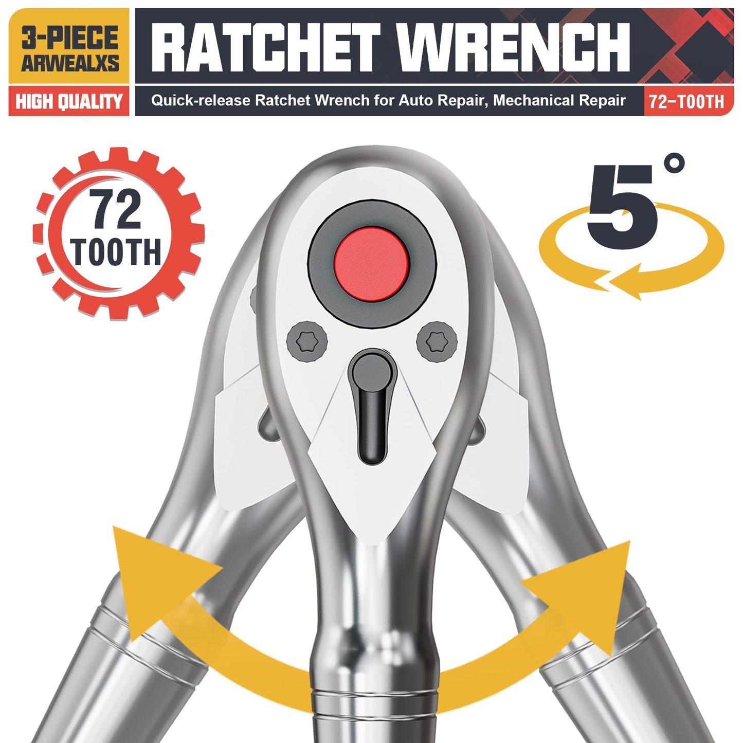 Arwealxs 3-Piece Stubby Ratchet Set, 1/4", 3/8", 1/2" Drive Ratchet Handle, 9cm, 10.5cm, 13.5cm Ratchet Wrench, 72-Tooth Quick-Release, Full Polished, for Auto Repair, Mechanical Repair