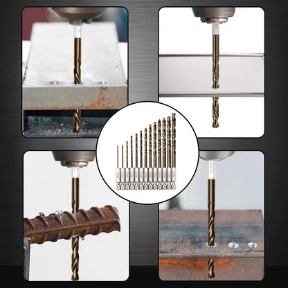 Sinyeenglon Cobalt Drill Bit Set for Hardened Metal and Stainless Steel, 13Pcs 1/16" -1/4" M35 HSS Hex Shank Impact Drill Bits, with Index Holder