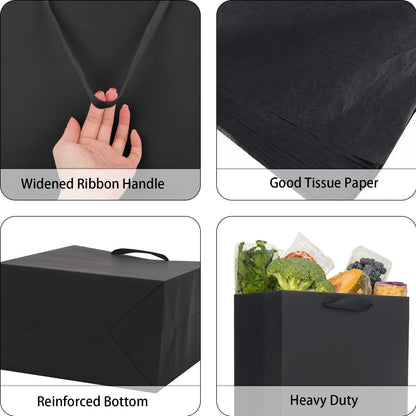 QIELSER 12 Pack Black Gift Bags with Ribbon Handles, Kraft Paper Gift Bags with Tissue Paper 3 Different Sizes in 21.5cm, 25.5cm and 33cm for Party Favor, Wedding, Retail, Business, Graduations