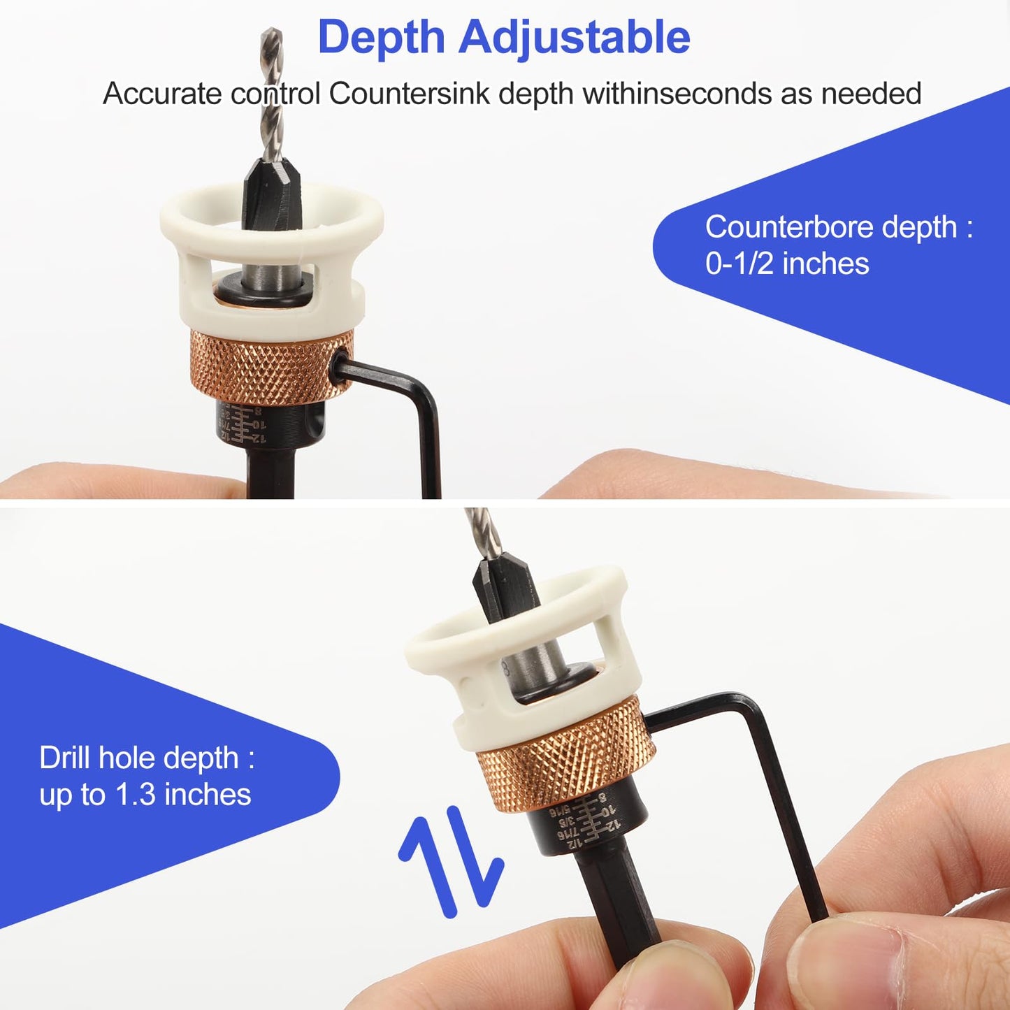 4PCS Countersink Drill Bit Set, Woodworking Countersink Drill Bit with Adjustable Depth Stop and Allen Wrenches, Quick Change Hex Shank Drill Bits Woodworking Tools 82-Degree Chamfer (A)
