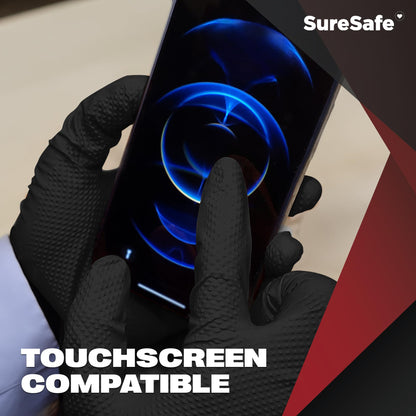 [100 Pack] SURESAFE 8 Mil Nitrile Gloves XL, Black Gloves Disposable, Powder & Latex Free, Diamond Grip, Fully Textured & Ribbed, For Work, Mechanics, BBQ, Butcher, Plumbing, Food Prep