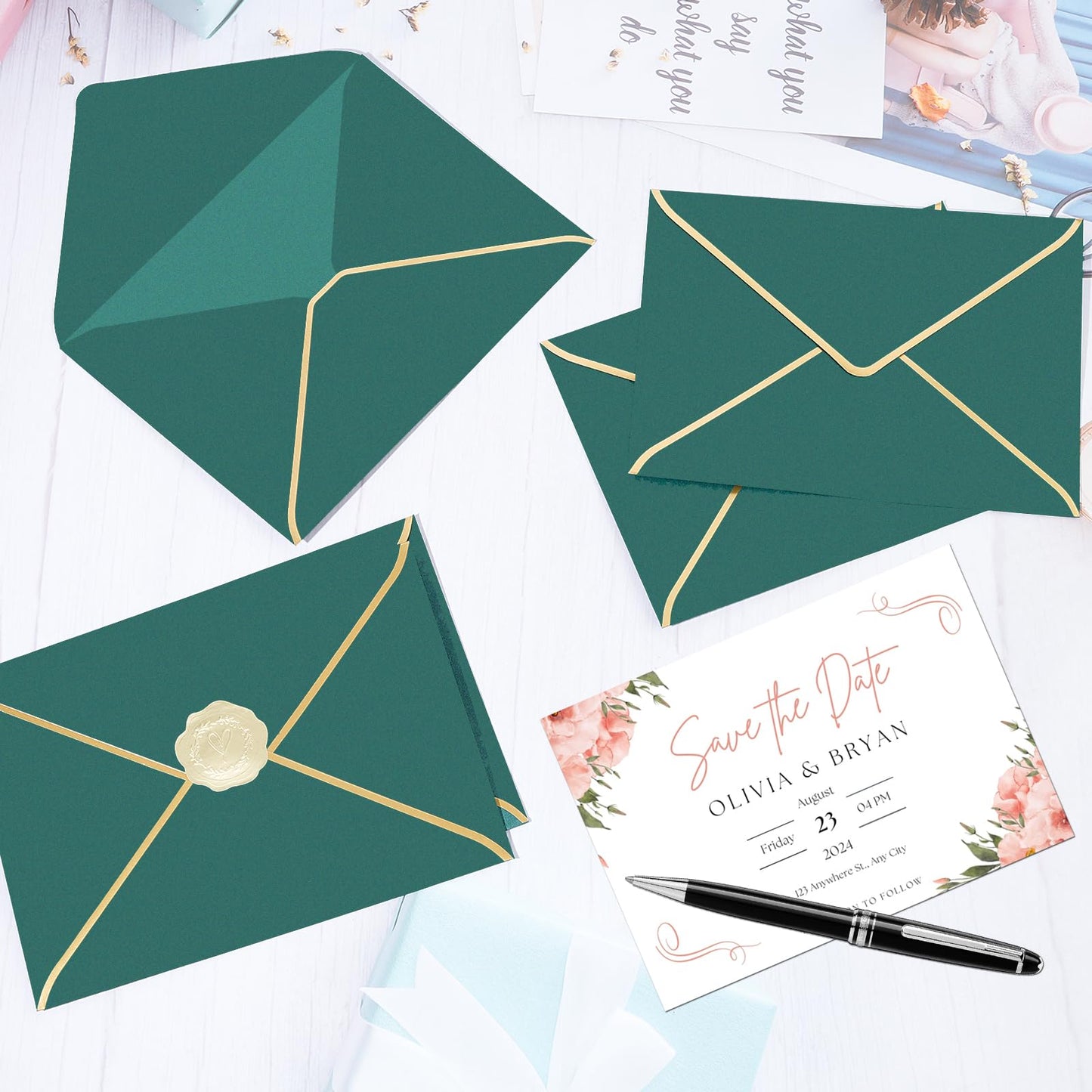 Supkiir 5x7 Envelopes for Invitations, 100 Pack V Flap Green Invitation Envelopes with Gold Border, Self Adhesive Envelope for Birthday, Weddings, Graduations, Baby Shower