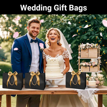 EUSOAR Gift Bags Medium Size, 12pcs 10.6"x3.1"x8.3" Black Kraft Paper Bags with Bow Ribbon Handle, Shopping Thank You Bag Party Favor Gift Treat Bag Bulk for Merchandise Wedding Guests Bridal