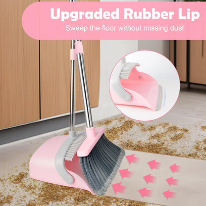 XXFLOWER Broom and Dustpan Set with Split Bristles,Upright Standing Dust Pan with Comb Teeth for Floor Cleaning,Broom with Dustpan Combo with Long Handle for Home Kitchen Lobby Office(Gray Pink)