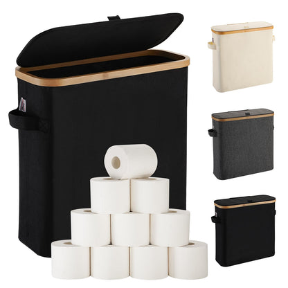 Large Toilet Paper Storage Basket Box with Lid for Mega Rolls, Extra Toilet Paper Storage Holder Stand Tissue Organizer Box for Bathroom, Slim Toilet Roll Container Storage Bin, Black