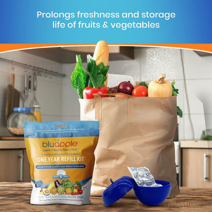 Bluapple Produce Saver Refill Kit - Keep Fruits and Vegetables Fresh Longer, 8 Veggie and Fruit Saver Packets, Each Packet Lasts up to 3 Months, Ethylene Gas Absorber