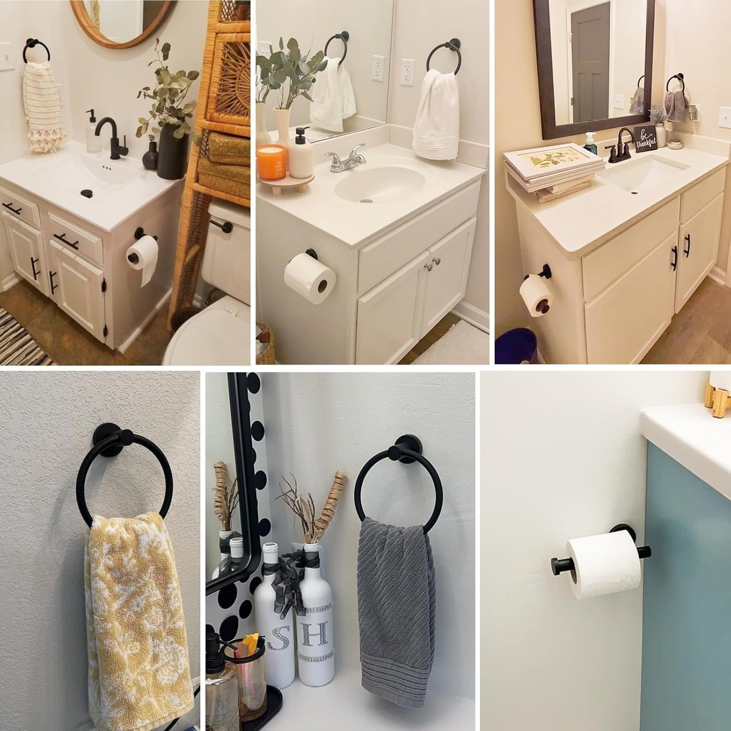 AMMIY Toilet Paper Holder Hand Towel Ring, Stainless Steel Tissue Paper Roll Holder Dispenser Wall Mount Bathroom Hardware Accessories 2 Pieces Set, Matte Black