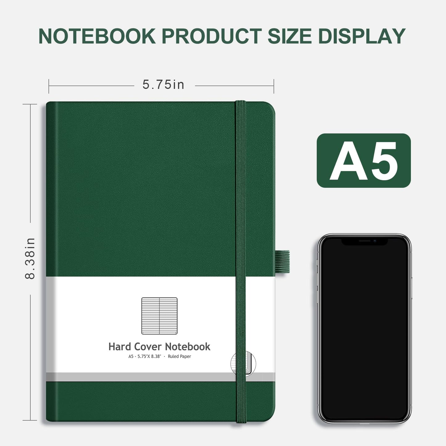 AHGXG Lined Journal Notebook for Work, A5 College Ruled Notebook with 320 Numbered Pages 100 GSM Thick Paper, Hardcover Leather Journal for Women Men Students, 5.7" x 8.3", Green