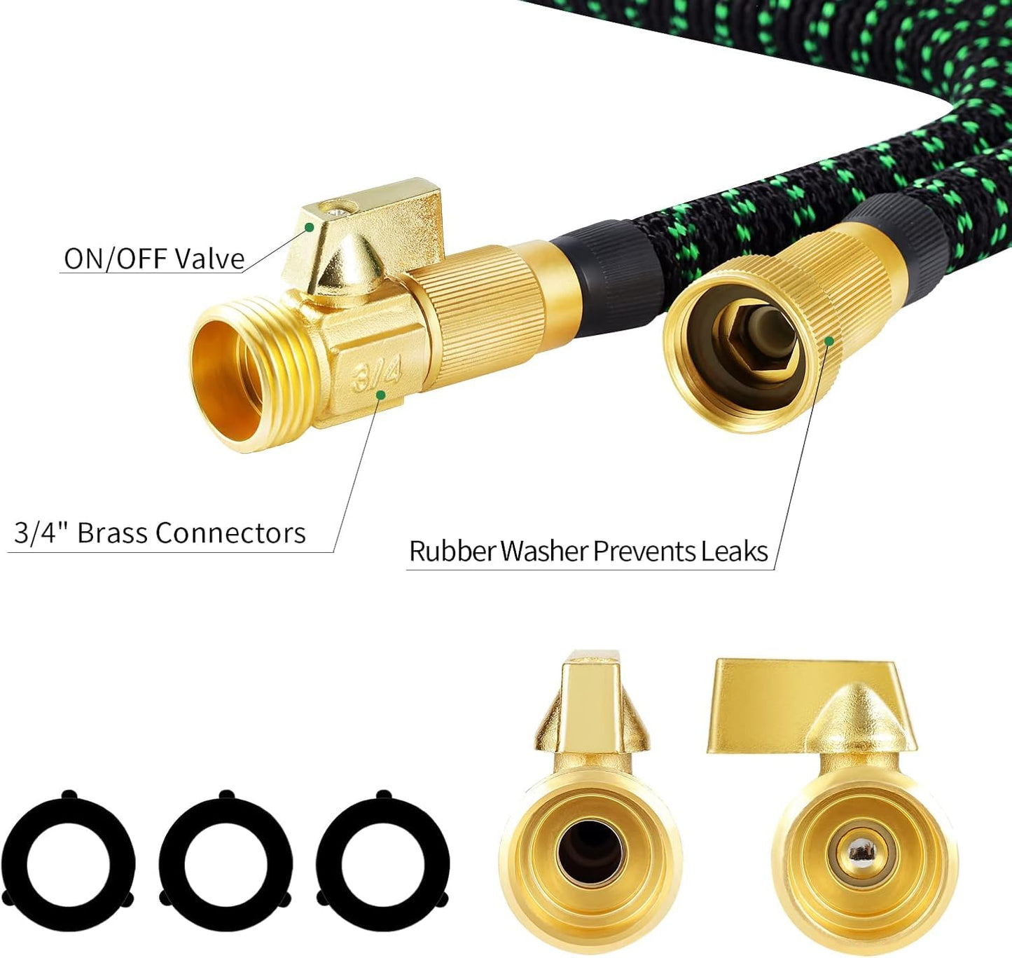 25ft Expandable Garden Hose, Water Hose with 10 Function Nozzle, Flexible Hose with 3/4" Solid Brass Fittings, Extra Strength Fabric, Easy Storage Kink Free, Black & Green