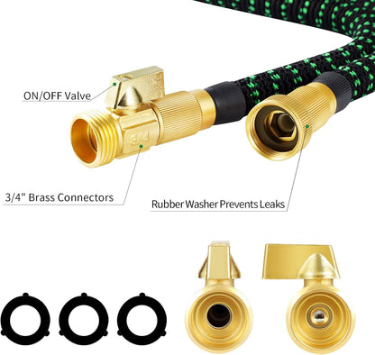 25ft Expandable Garden Hose, Water Hose with 10 Function Nozzle, Flexible Hose with 3/4" Solid Brass Fittings, Extra Strength Fabric, Easy Storage Kink Free, Black & Green