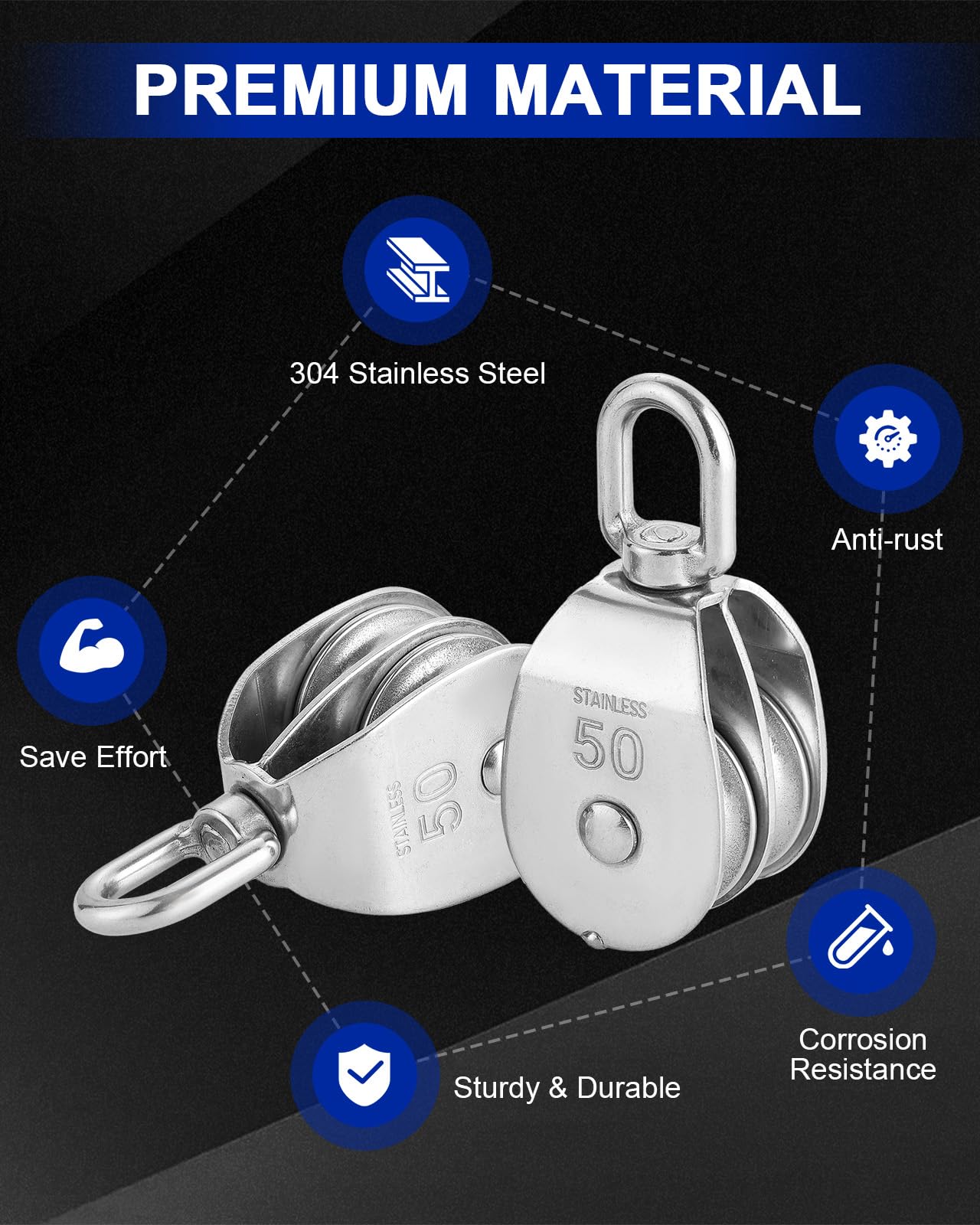 DASBET M50 Double Pulley Block Set - 304 Stainless Steel Pack of 2 | Heavy Duty Double Pulleys for Efficient Lifting | Ideal for Hanging Wire and Crane Operations with Swivel Hook Design
