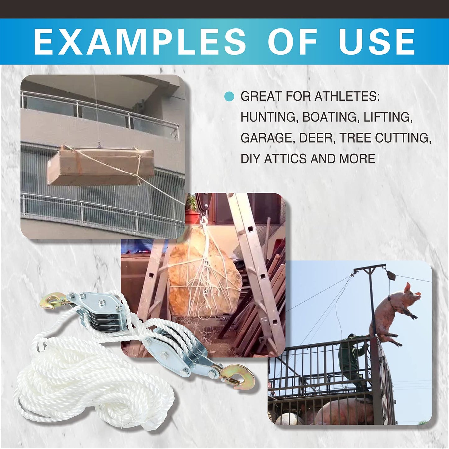 4000LB 65 Feet Rope Hoist Pulley Heavy Duty 2 Ton Wheel Block and Tackle System 7:1 Ratio Lifting Power