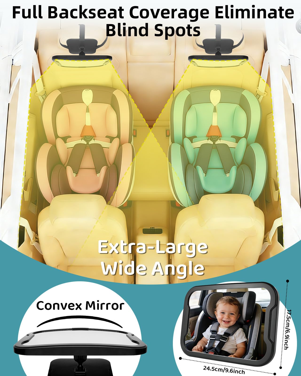 Zacro Baby Car Mirror 2Pcs - Shatterproof Acrylic Car Mirror Baby Rear Facing, 360° Adjustable Baby Mirror for Back Seat-Easily to Observe Babys' Every Move, Anti-Slip and Safety