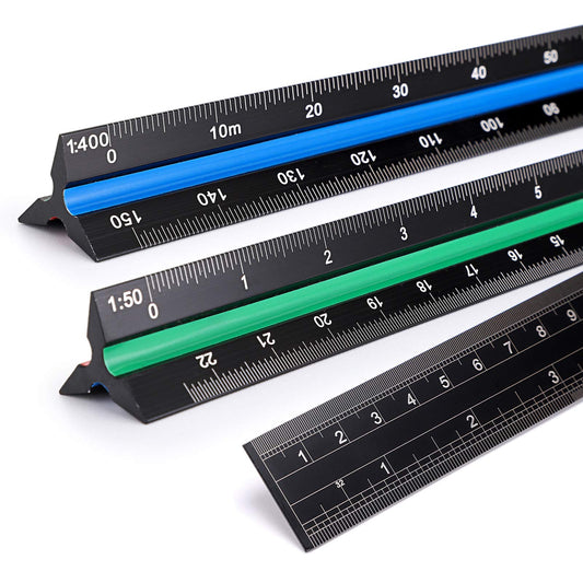 BTSKY 3 Pack 12 Inches Triangular Architectural Engineering Metric Scale Rulers with Standard Metric Conversion Ruler, Aluminum Scale Measuring Ruler Tool,Black with Red,Green,Blue