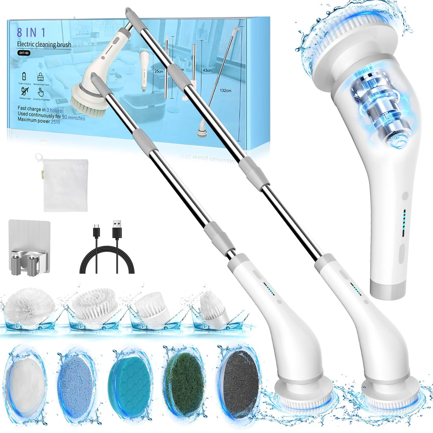 SZFIXEZ Electric Spin Scrubber, Electric Cleaning Brush - 2 Speeds, SXT-160 Cordless Power Spinning Cleaner Brush, Handheld Shower with 8 Replaceable Brush Heads for Tile, Tub, Wall, Bathroom