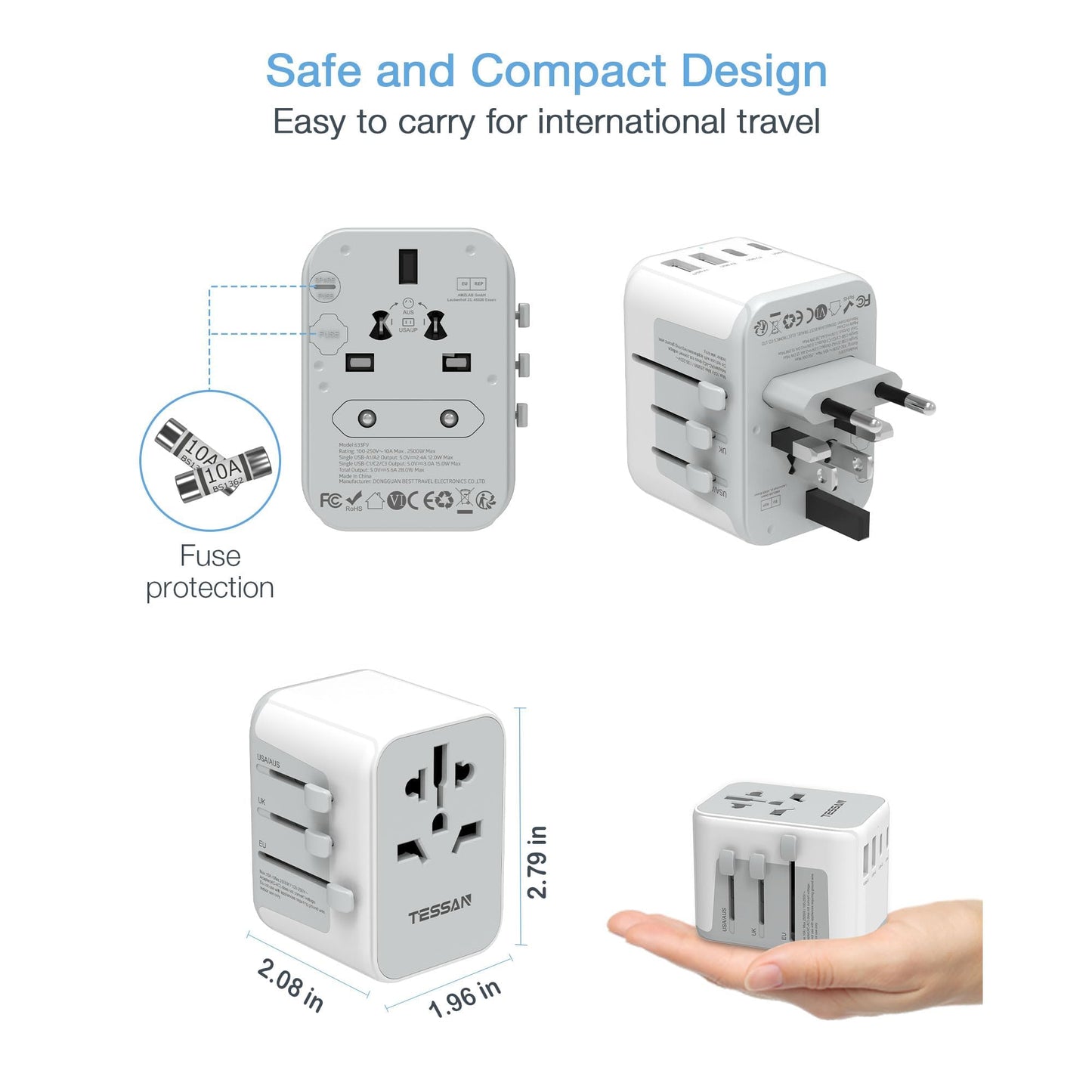 TESSAN Universal Travel Adapter, 6 in 1 International Plug Adapter, Worldwide Power Adaptor with 5 USB Ports (3 USB C), Travel Essentials for Canada to Europe UK Australia France Germany