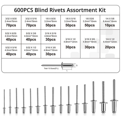 PROSTER 600Pcs Aluminum Blind Rivets Kit, 15 Common Sizes with Storage Case, Silver, for Auto Repair, Metalworking, DIY Projects