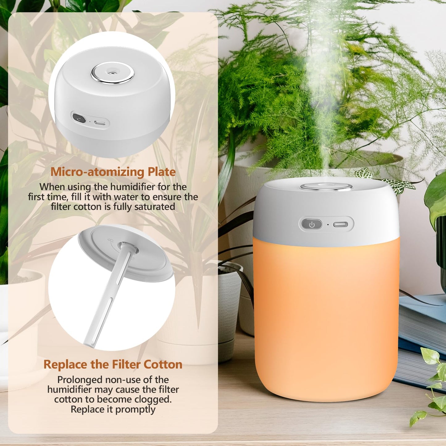 BAMCOO Small Humidifier, 650ml Colorful Mini Humidifier for Bedroom, Office, Desktop, Baby Room, Plants, Cool Mist Humidifier(White)