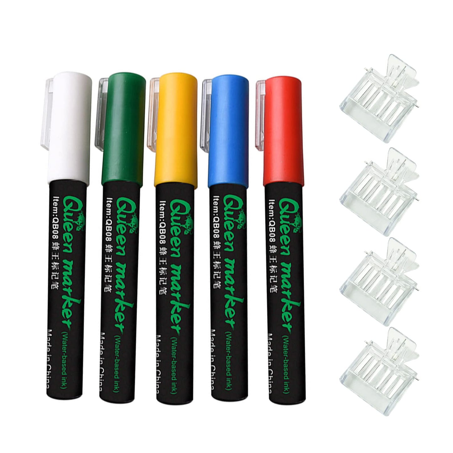 benefitbee 9PCS Queen Bee Marking Kit,5 Queen Bee Marker Pens and 4 Clear Plastic Queen Catcher Clips,Essential Beekeeping Supplies,Beekeeping Tools for Beekeeper
