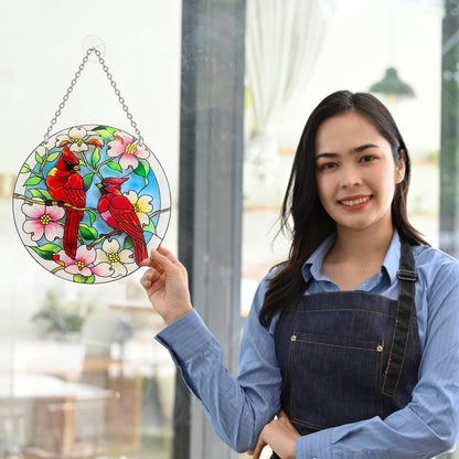 Cardinal Stained Glass Window Hanging - Cardinal Gifts for Women, Red Birds Suncatchers for Windows, American Glass Hanging Ornament, Hand Painted Glass for Birds Lover, Window