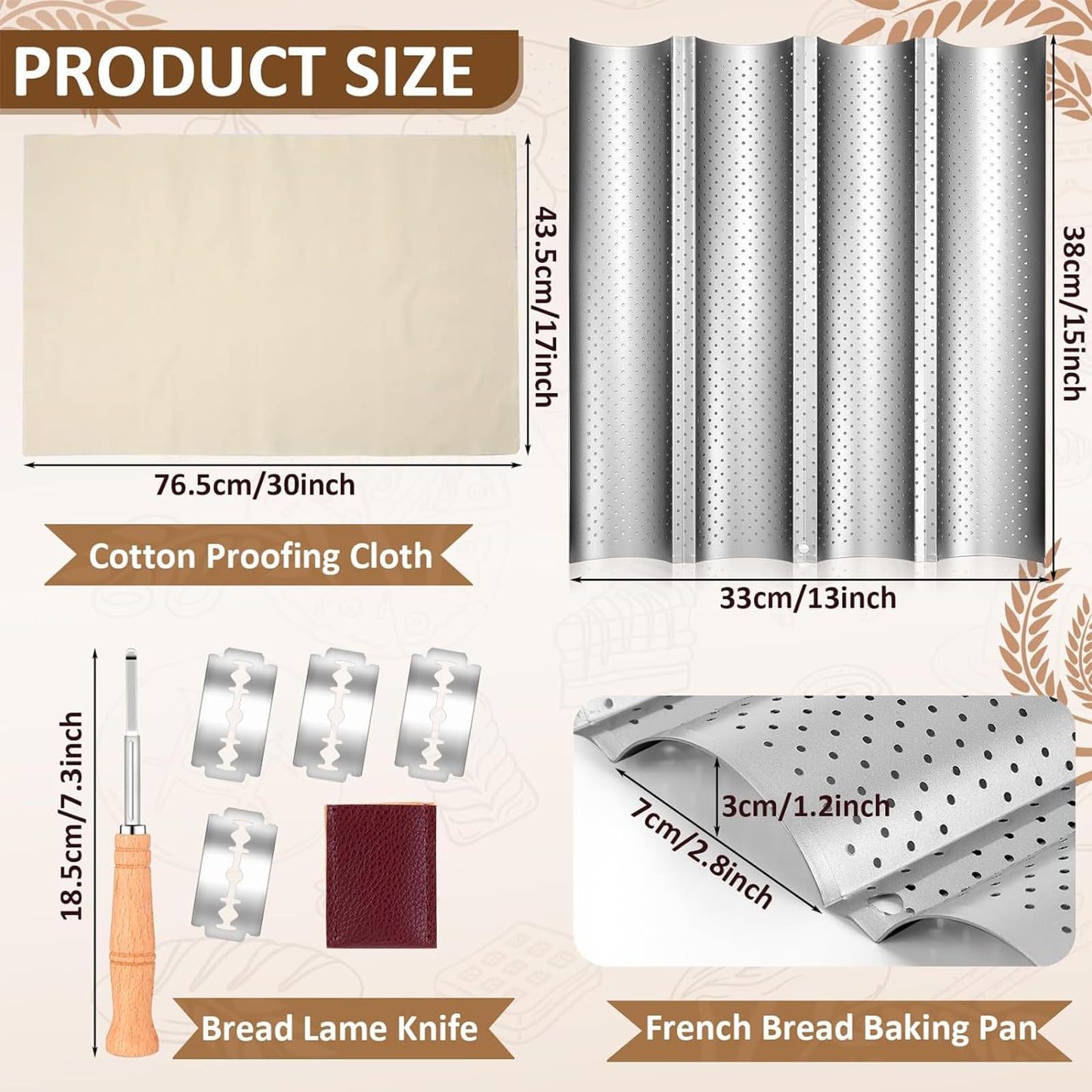 XUANZHI French Bread Baking Pan with Professional Proofing Cloth, 4 Loaves Baguette Bread Pan Long Sourdough Bread Baking Tray Perforated French Bread Pan for Professional Home,Bread Scraper