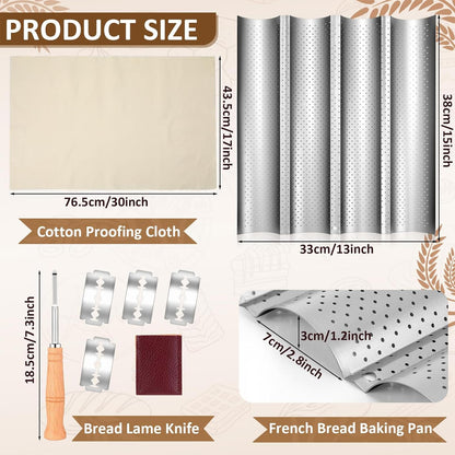 XUANZHI French Bread Baking Pan with Professional Proofing Cloth, 4 Loaves Baguette Bread Pan Long Sourdough Bread Baking Tray Perforated French Bread Pan for Professional Home,Bread Scraper
