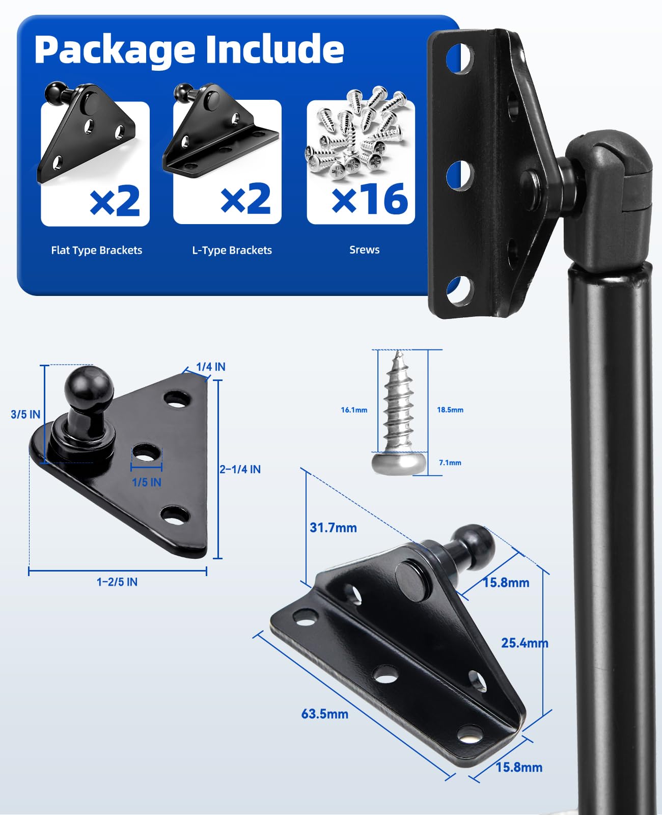 ARANA 10MM Gas Strut Mounting Brackets, Ball Stud Mount Bracket for Universal Lift Supports Shocks Spring Kits Hardware 4PCS with 16 Screws (Only Fits 10mm Ball Head)