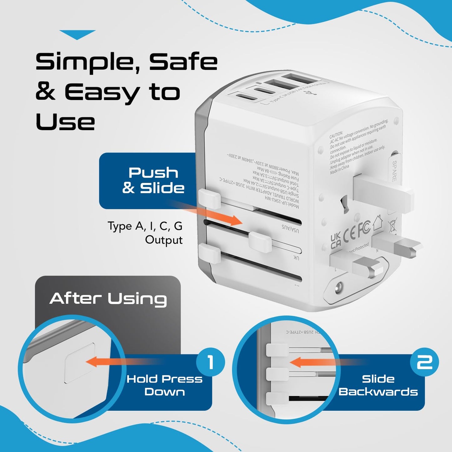 Ceptics Universal Travel Adapter 17.5W, 5 in 1 Universal Laptop Charger with 2X USB-A & USB-C 3.5A for Mobiles, Laptops, Cameras US, UK, EU, AU, All in 1 Type A, C, G, I Output, White