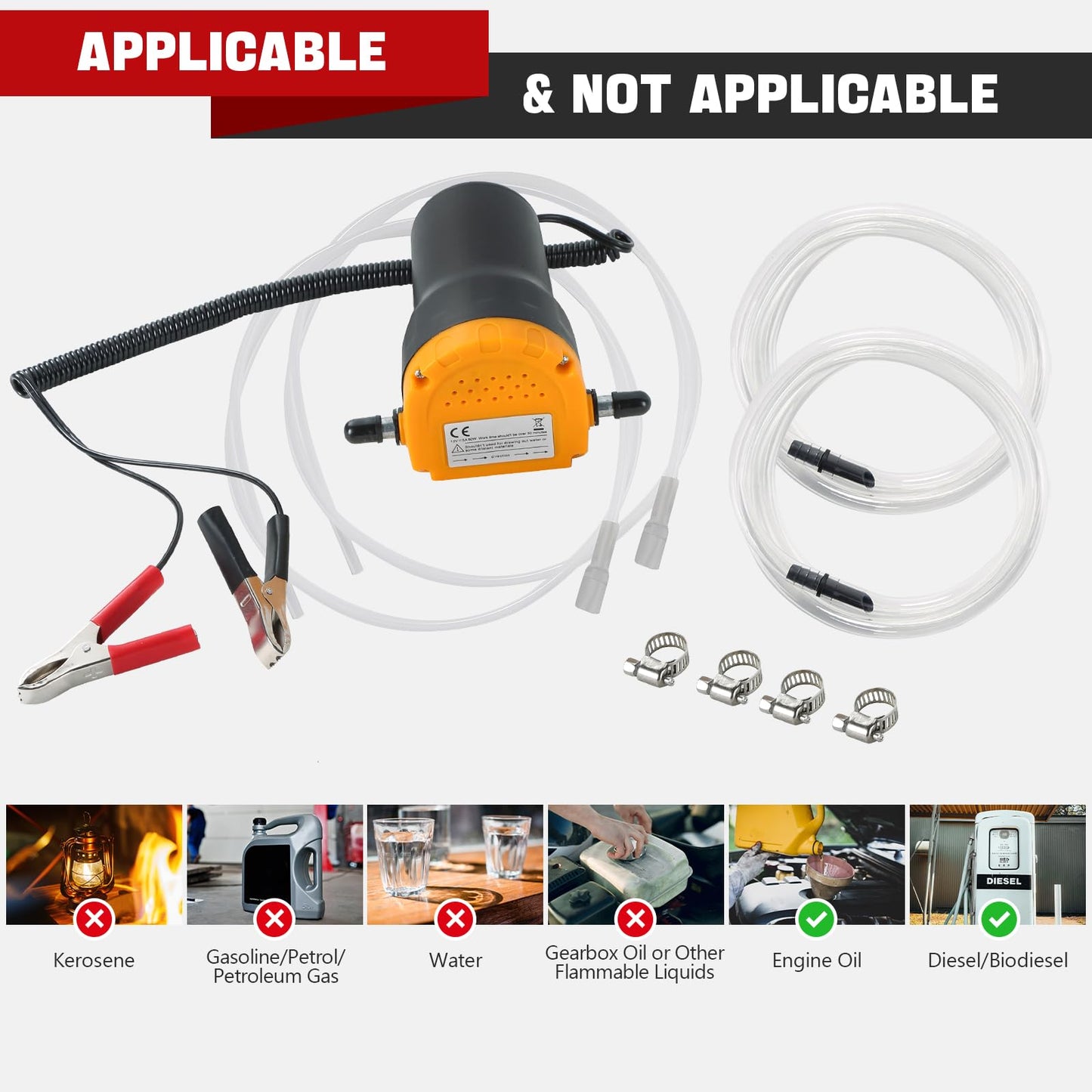 DASBET 12V 60W Oil Change Pump Extractor, Diesel Fluid Transfer Pump Kit with 2 Hose Sets for Truck, RV, Boat, ATV, Motorcycle, Car, Jet Ski - Scavenge Oil Suction Pump