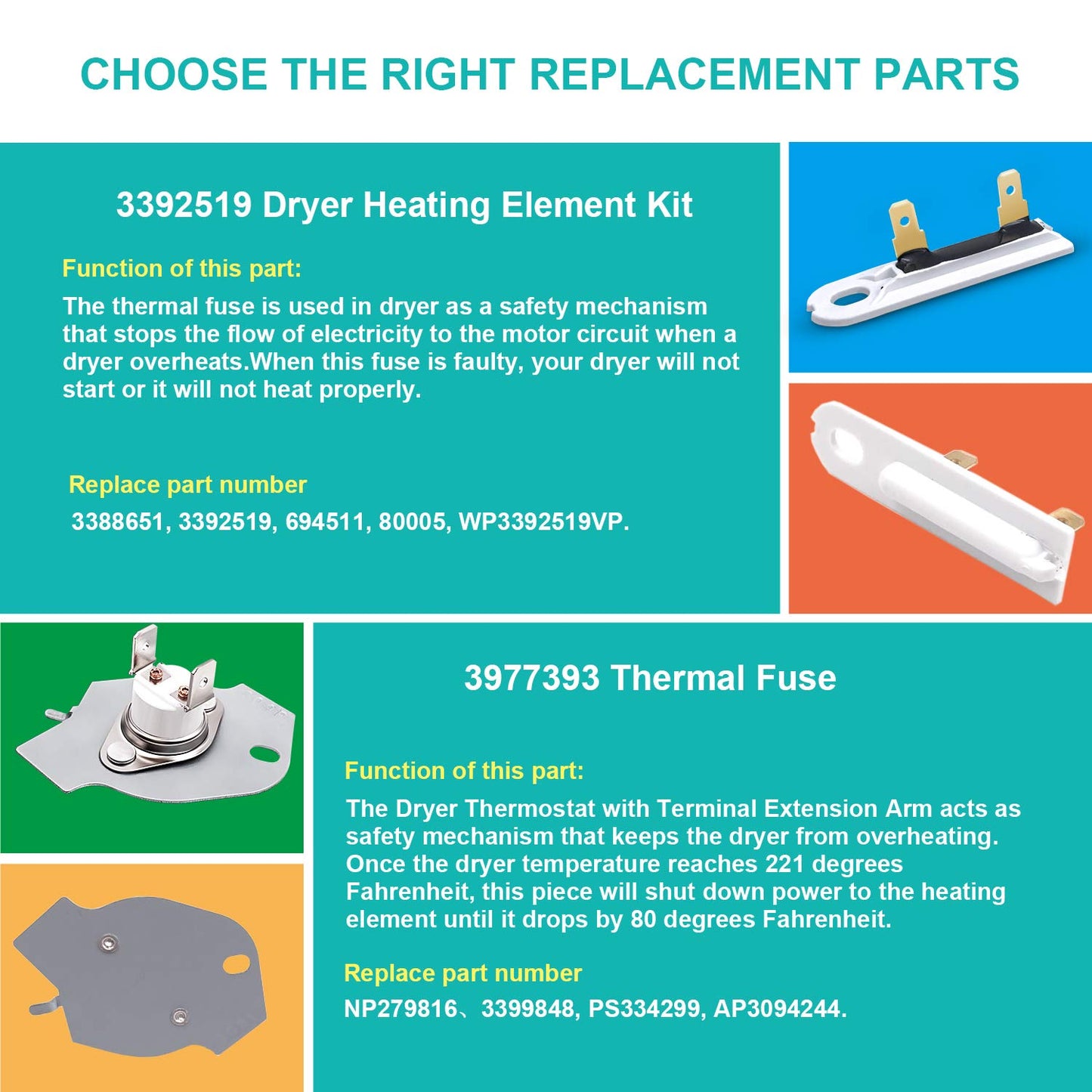 3387134 Dryer Thermostat 3392519 Dryer Thermal Fuse 3977767 Dryer Thermostat 3977393 Thermal Fuse Compatible with Whirlpool Kenmore Maytag KitchenAid Dryer Replaces Parts Replaces Parts 3399693