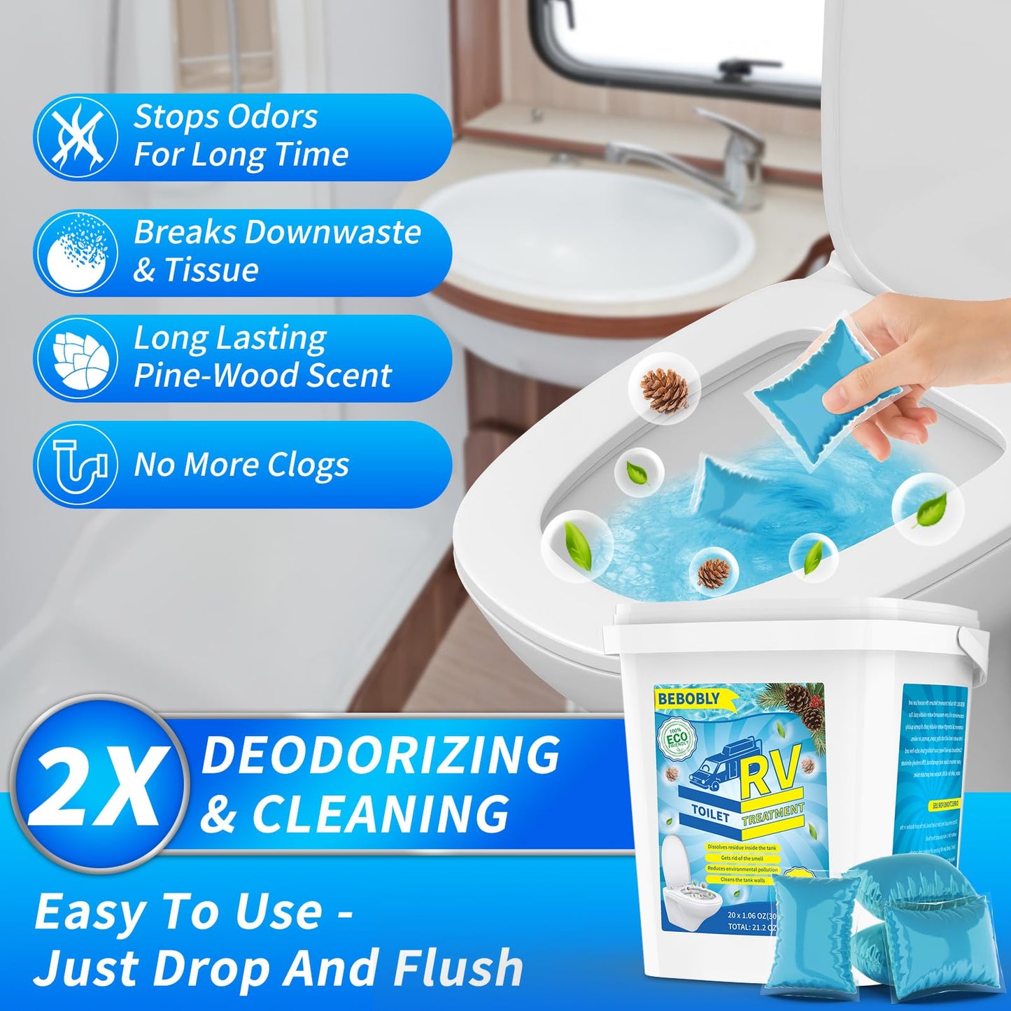 RV Toilet Treatment Drop Ins, Extra Strength Septic Tank Treatment & Cleaner, Waste Breakdown/Odor Control, RV Black Tank Treatment for RVs, Boats & Portable Toilets, Odor Eliminator, 20 Packs