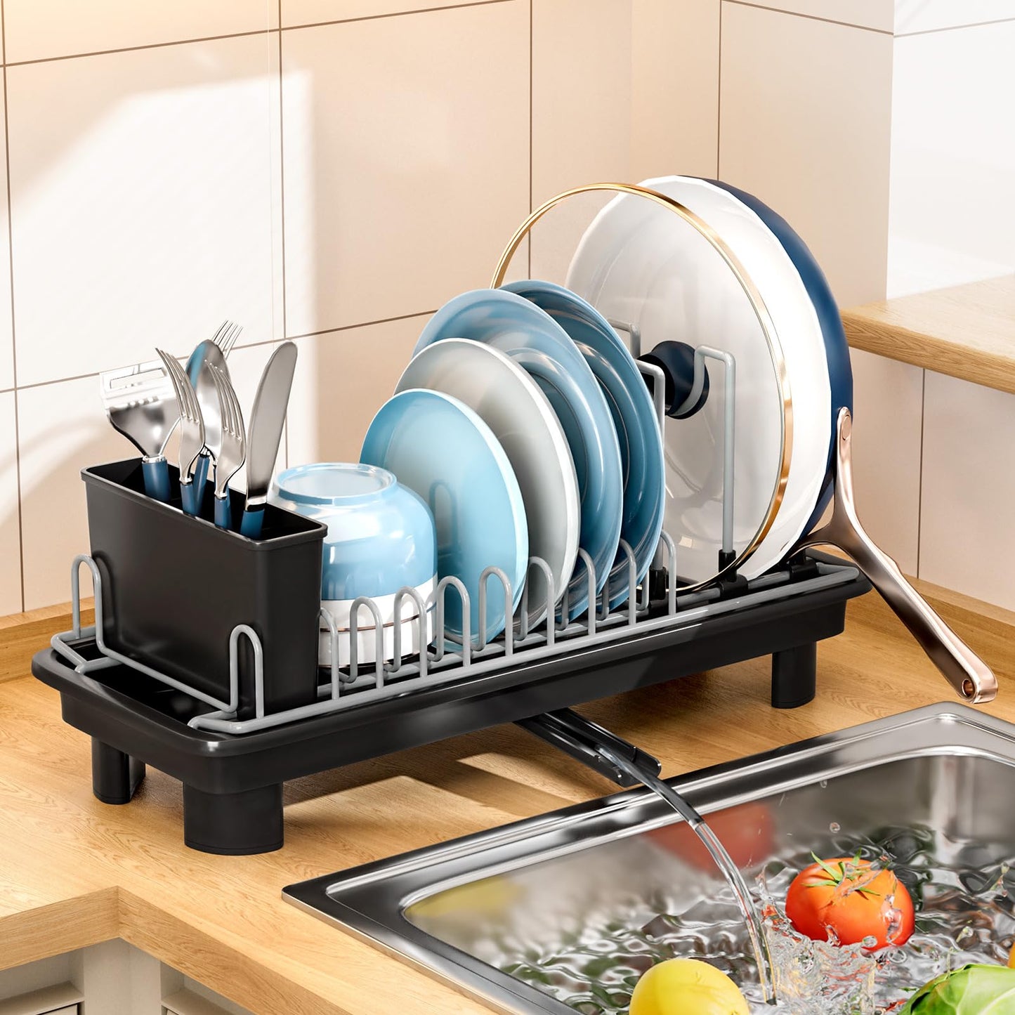 SanDream Small Dish Drying Rack, Compact Dish Rack for Kitchen Counter with Removable Cutlery Holder, 360°Rotating Spout, Multifunctional Stainless Steel Dish Drainer, Space Saving