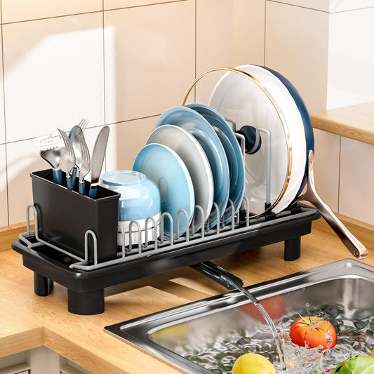 SanDream Small Dish Drying Rack, Compact Dish Rack for Kitchen Counter with Removable Cutlery Holder, 360°Rotating Spout, Multifunctional Stainless Steel Dish Drainer, Space Saving