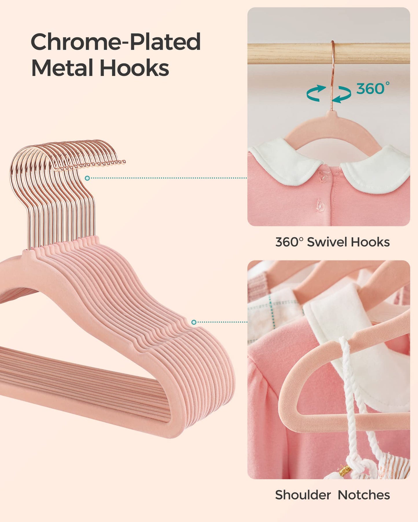 SONGMICS Baby Kids Hangers 50 Pack for Closet, 11.8 x 8.1 Inches, Rose Gold 360° Swivel Hooks, Space-Saving Clothes Velvet Hangers for Nursery, Non-Slip, Jelly Pink UCRF027P01