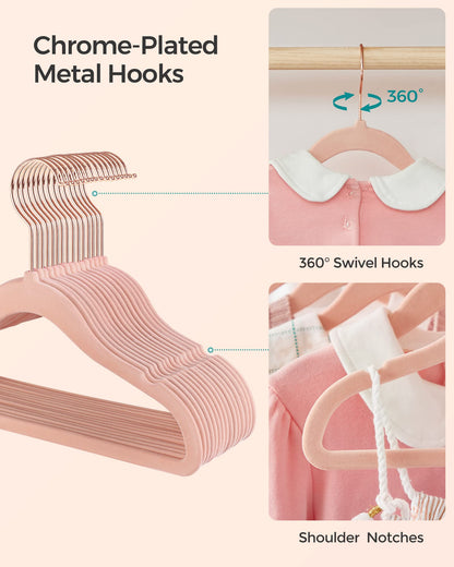 SONGMICS Baby Kids Hangers 50 Pack for Closet, 11.8 x 8.1 Inches, Rose Gold 360° Swivel Hooks, Space-Saving Clothes Velvet Hangers for Nursery, Non-Slip, Jelly Pink UCRF027P01