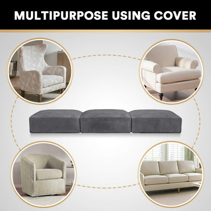 Stretch Velvet Couch Cushion Covers for Individual Cushions Sofa Cushion Covers Seat Cushion Covers, Thicker Bouncy with Elastic Edge Cover up to 10 Inch Thickness Cushions (3 pieces, Grey)