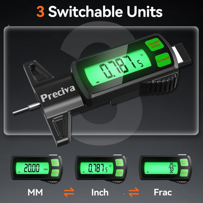 Preciva Rechargeable Tire Tread Depth Gauge, Touch Screen Digital Tire Depth Gauge with Lighting, in/MM/F Conversion, IP54 Waterproof, Auto Power Off, for Tread Depth, Brake Shoe and Pad Wear
