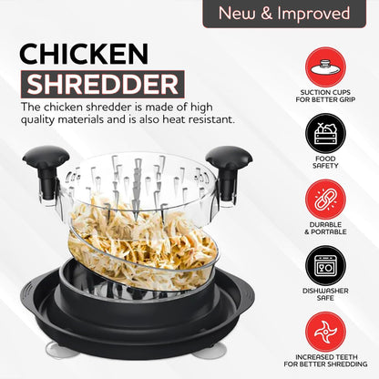 Chicken Shredder 12'' Large Chicken Breast Tool Twist Equipped with 4 Anti Slip Suction Cups and Brush&Food Tongs Visible Meat Masher Machine,Ergonomic Handle,Suitable for Meat & Vegetables (Black)