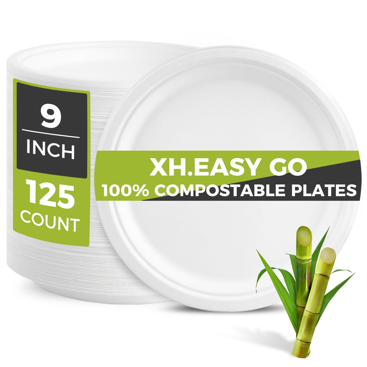 XH.Easy Go 9 Inch Paper Plates 100% Compostable Plates Heavy-Duty Disposable Plates Bulk [125 Pack], Made of Natural Sugarcane Fibers, Eco-Friendly Biodegradable 9" White Dinner Plates