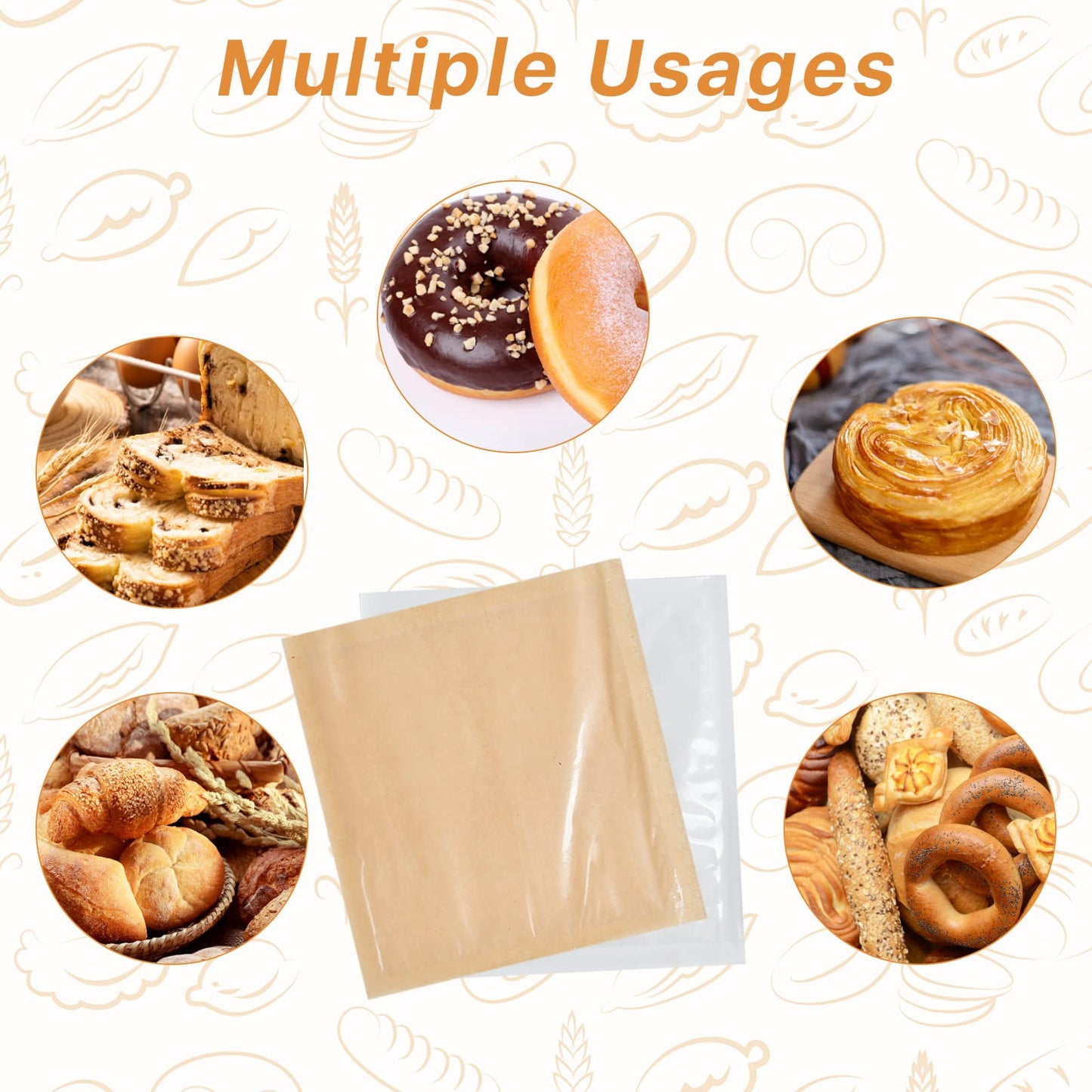 300 PCS Bakery Bags with Window, Akamino Heat-Sealable Kraft Paper Pastry Bags for Cookies and Pastries, 7.5 x 7.1 Inches Grease Resistant Food Bags for Sandwich, Candy, Snack