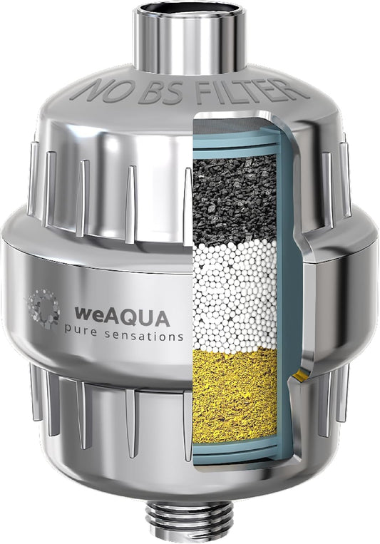 weAQUA Heavy Duty Shower Filter – Advanced 99% Removal System for Hard Water, Chlorine, Fluoride & Heavy Metals – Universal Fit Shower Head Filter (Chrome)