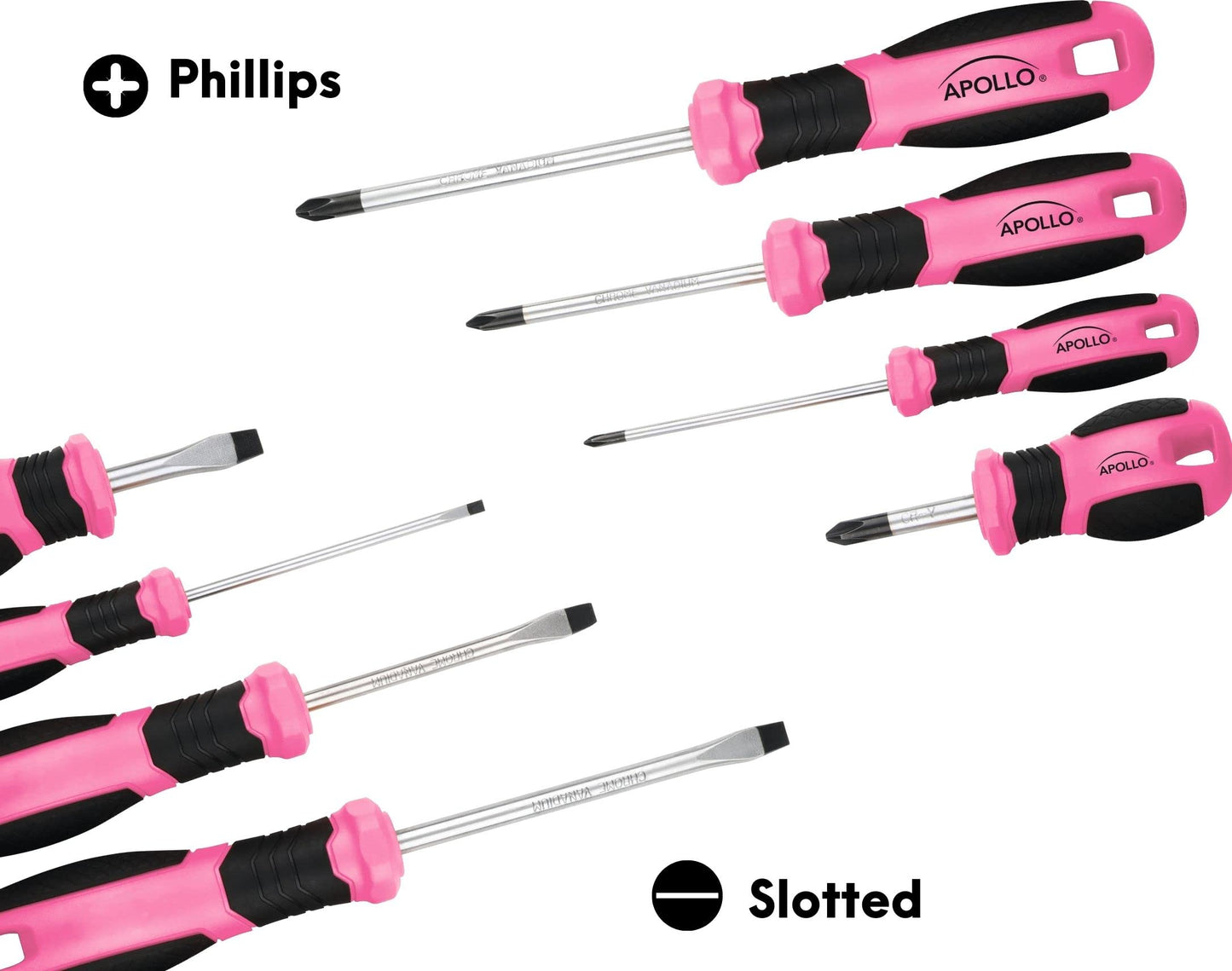 Apollo Tools Pink 8 Piece Essential Screwdriver Set Phillips and Slotted with Magnetic Tips and Non-Slip Comfort Handles. Includes Stubby Screwdrivers for Tight Spaces - Pink Ribbon - Pink - DT5018P