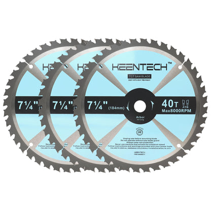 KEENTECH 7-1/4 Inch 40 Tooth General Purpose Circular Saw Blade 3-Pack, Tungsten Carbide Tipped, ATAF Grind, 5/8 Inch Bore with Diamond Knockout