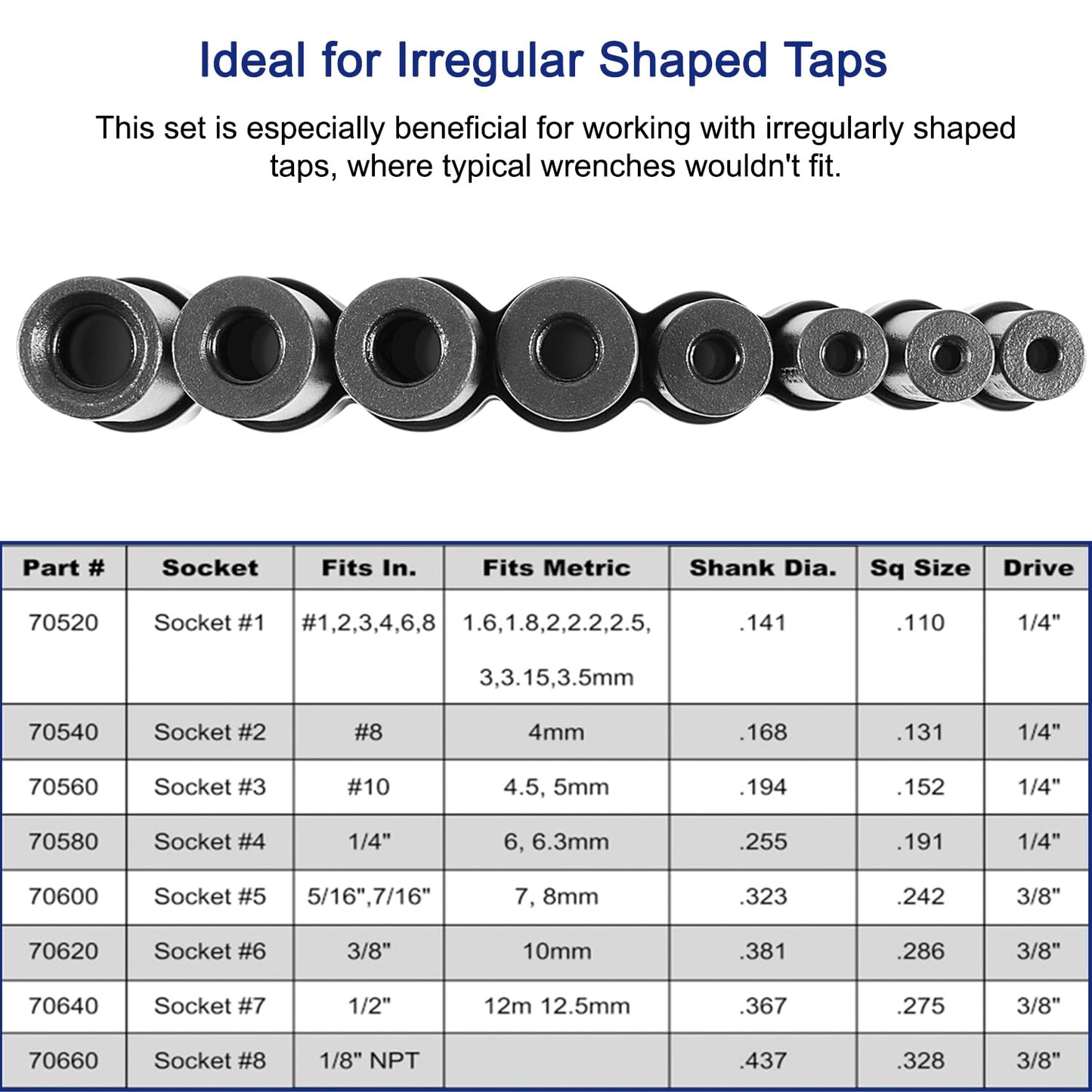 70500 Tap Socket Set Use with 1/4" & 3/8" Drive, Fit Fractional MCTI Standard Tap thru 1/2" & 1/8" NPT taps Metric Tap thru 12mm Manufactured to MCTI Standard, 8-Piece