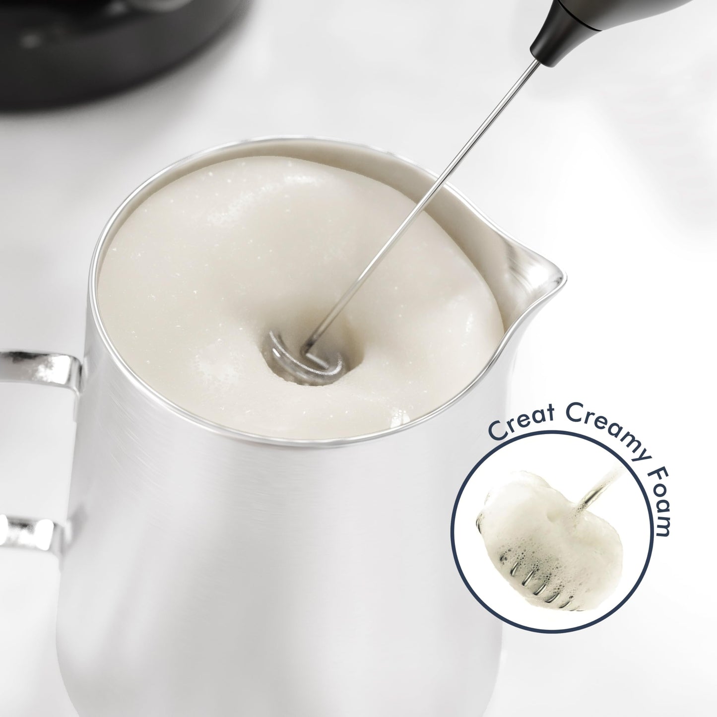 Rechargeable Milk Frother Wand with Stand, Foam Maker with Stainless Whisk, 3-Speeds Electric Handheld Drink Mixer for Coffee, Cappuccino, Latte, Matcha, Hot Chocolate (Black)