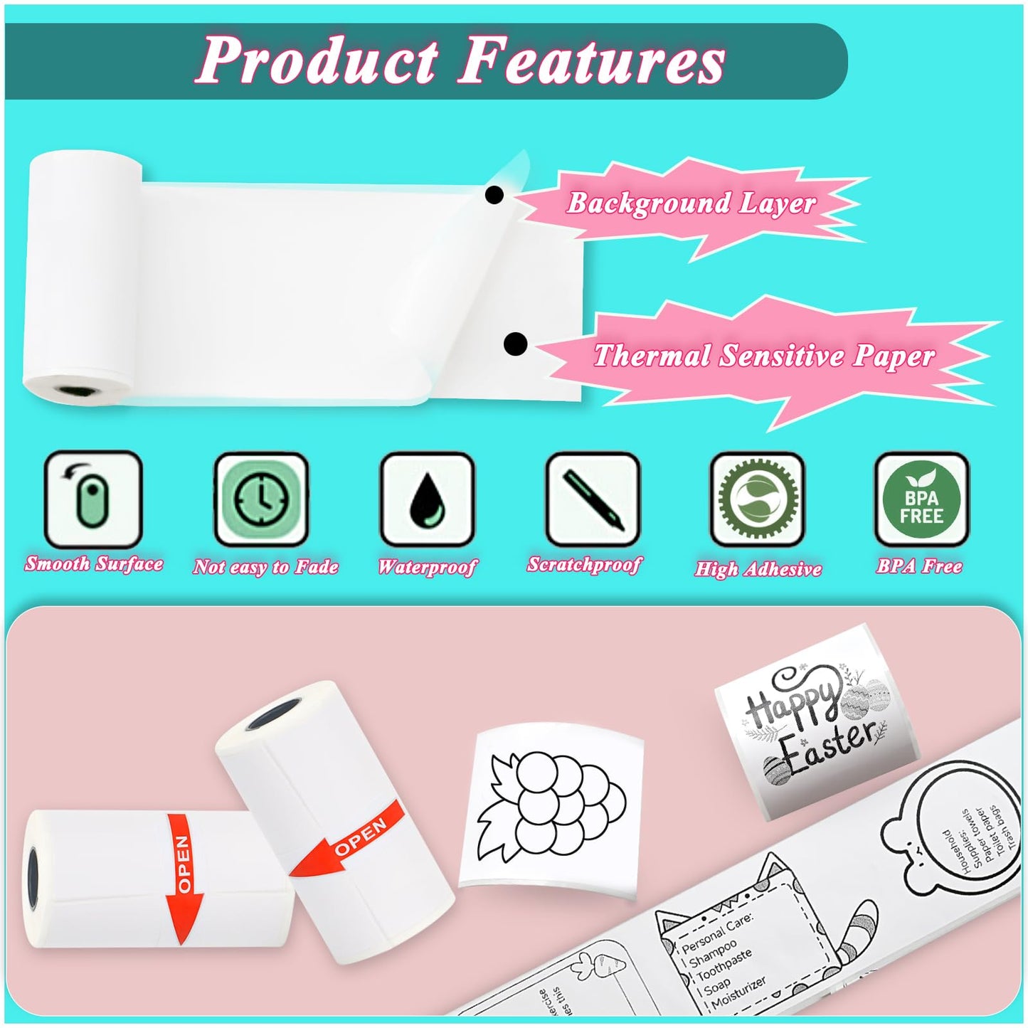 15 Rolls 53x28mm White Thermal Sticker Paper for Phomemo T02/M02/M02S/PRO Mini Printers, 3.75m Self-Adhesive Printer Paper for Memoking Mini Printer, Study Notes, Journals, Photos