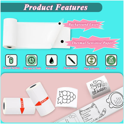 15 Rolls 53x28mm White Thermal Sticker Paper for Phomemo T02/M02/M02S/PRO Mini Printers, 3.75m Self-Adhesive Printer Paper for Memoking Mini Printer, Study Notes, Journals, Photos