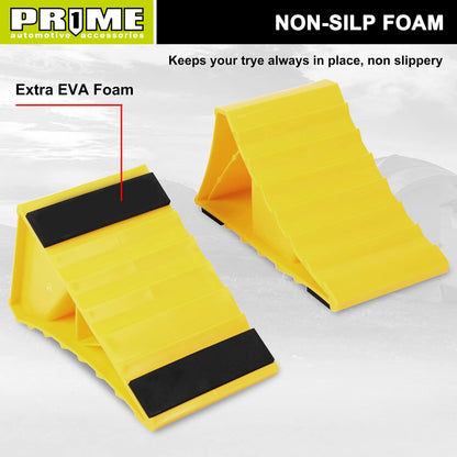 PR1ME Wheel Chocks with Non-Slip Base for RV & Trailer. 2 Pack Safety Wheel Chock with Bright Yellow. Lightweight Wheel Stoppers for Cars Camper Trucks RVs, Fit for Most Tyre Sizes